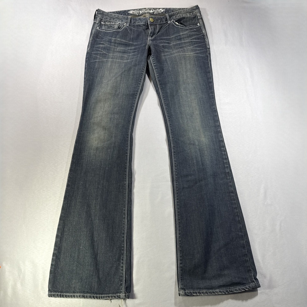 Express Stella Low Rise Bootcut Jeans Women 10 Embroidered Dark Whiskering Y2K